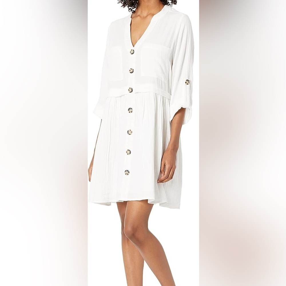 Mud Pie ADDISON OFF WHITE CRINKLE COTTON BUTTON UP DRESS, SIZE L